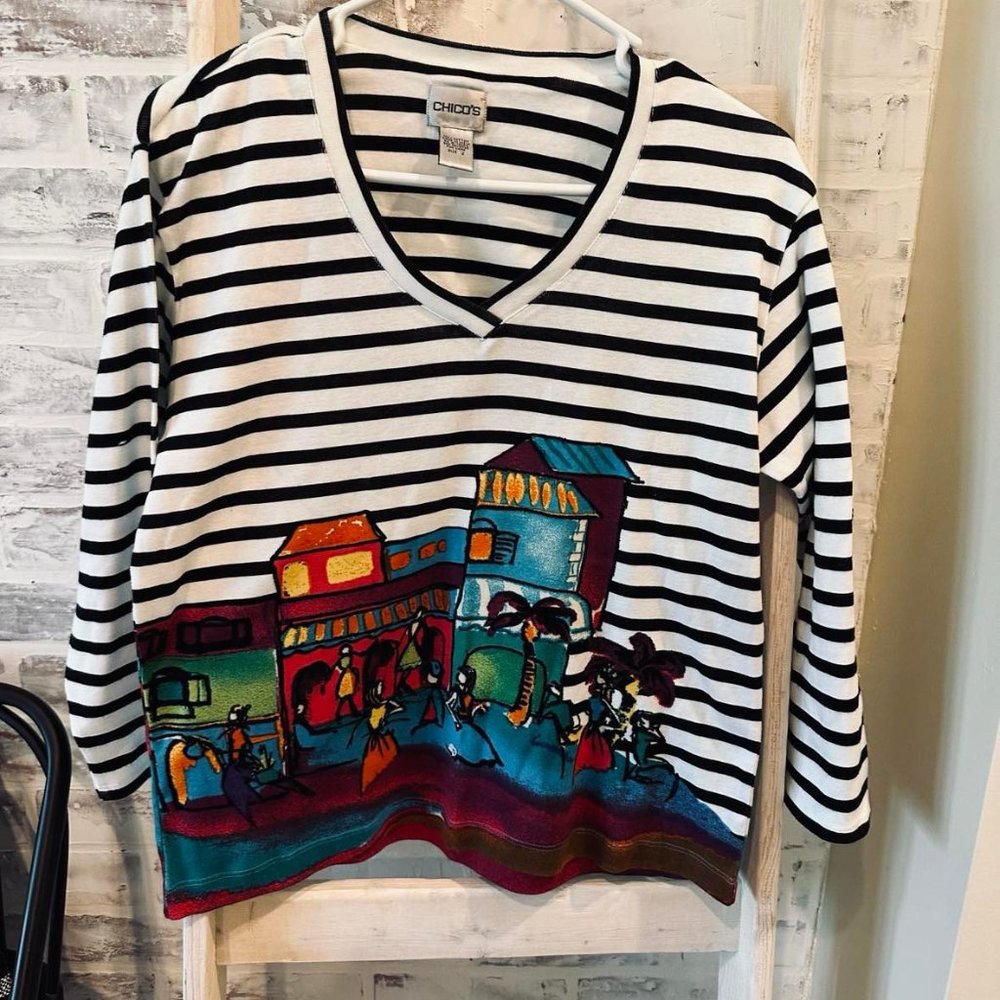 Chico's Women Shirt 3/4 Sleeve Horizontal Stripe Beach Village Scene